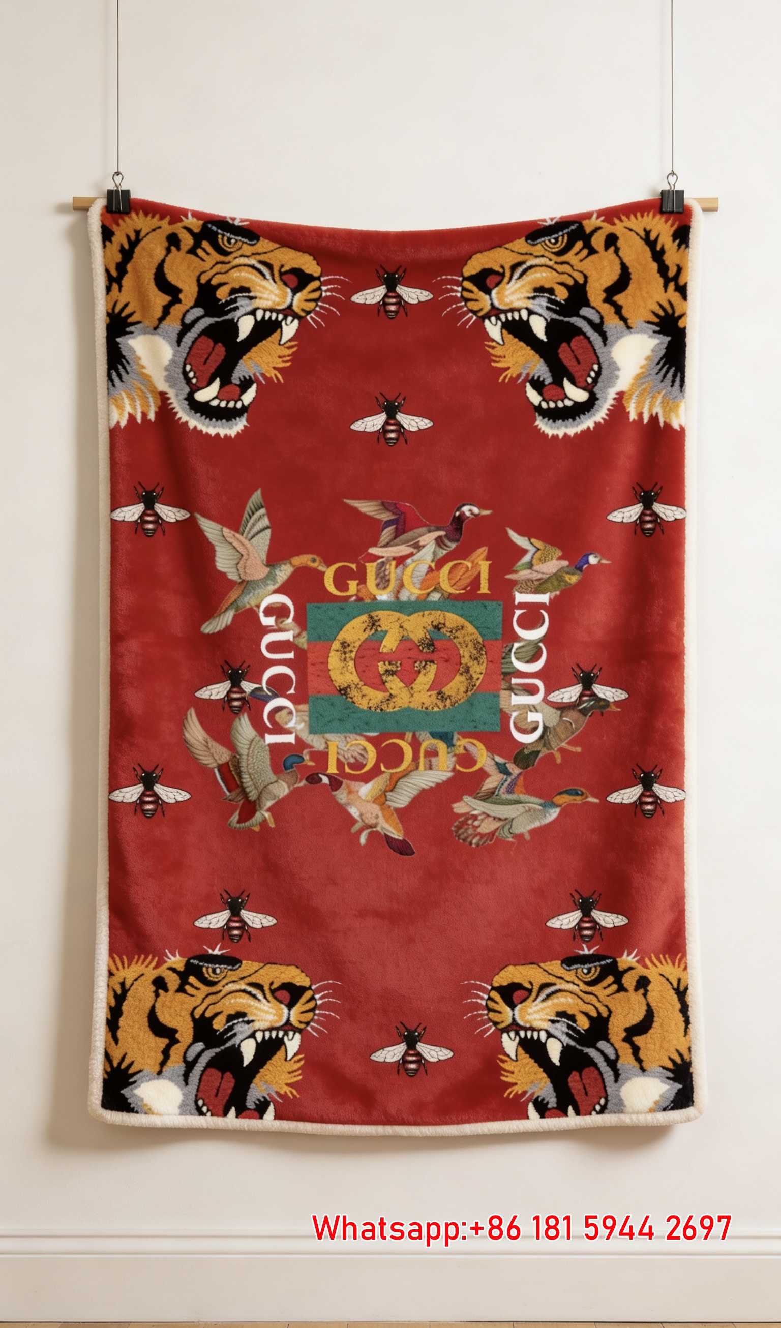 Red Animal Motif Gucci Wall Tapestry Exotic Tiger & Bee Luxury Throw blankets IMG_2648